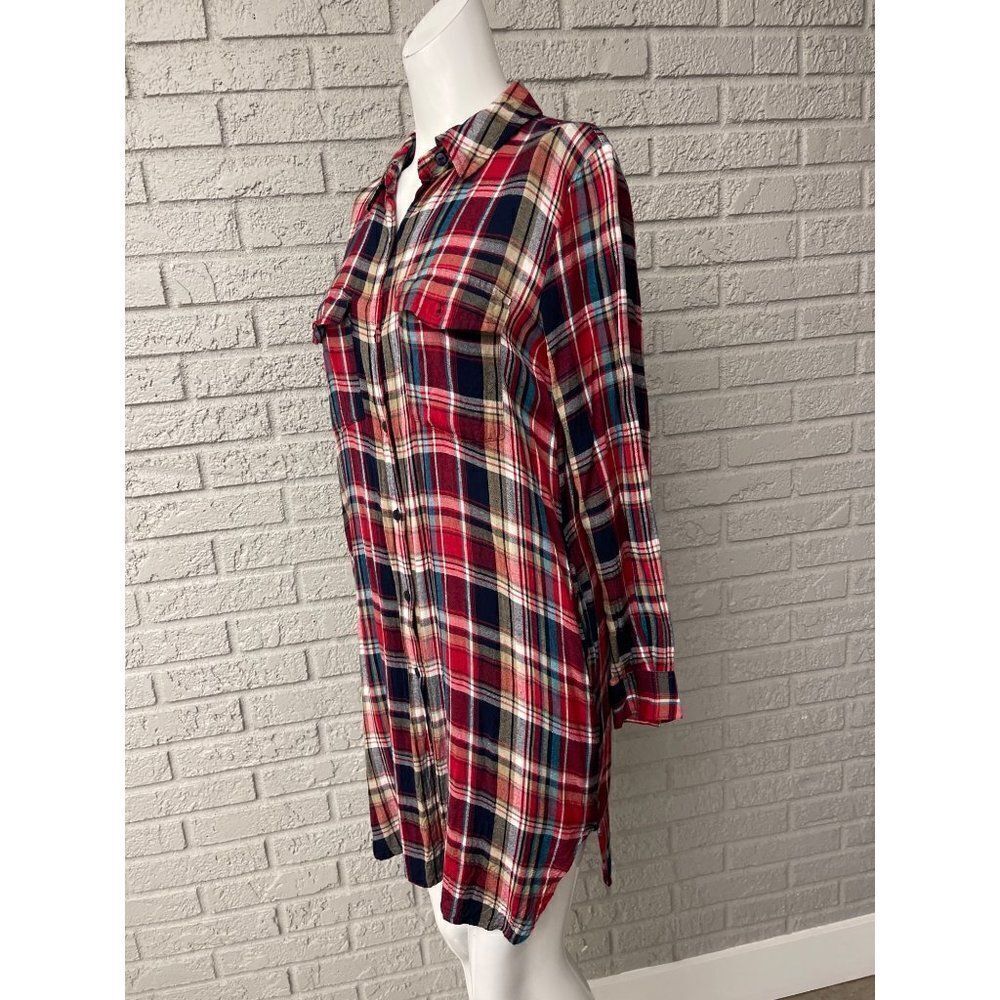 Indigo Thread Co. Women Red Plaid Button Down Long Shirt  Tunic Size M - Picture 7 of 10